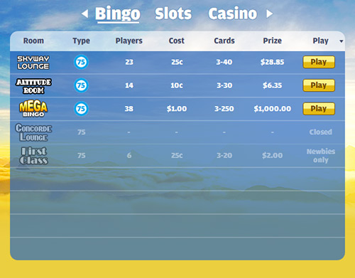 Goto to game button Bingo Menu
